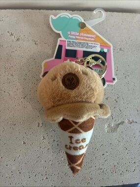 Plush Ice Cream Cone Keychain - Tan Brown gold key ring
